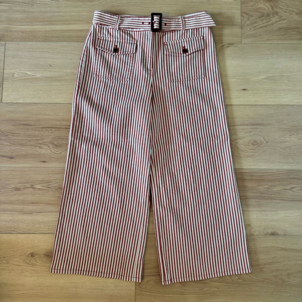 Loft Women’s Chic Horn Buckle Wide Leg Pants Red Cream Striped NWT 10